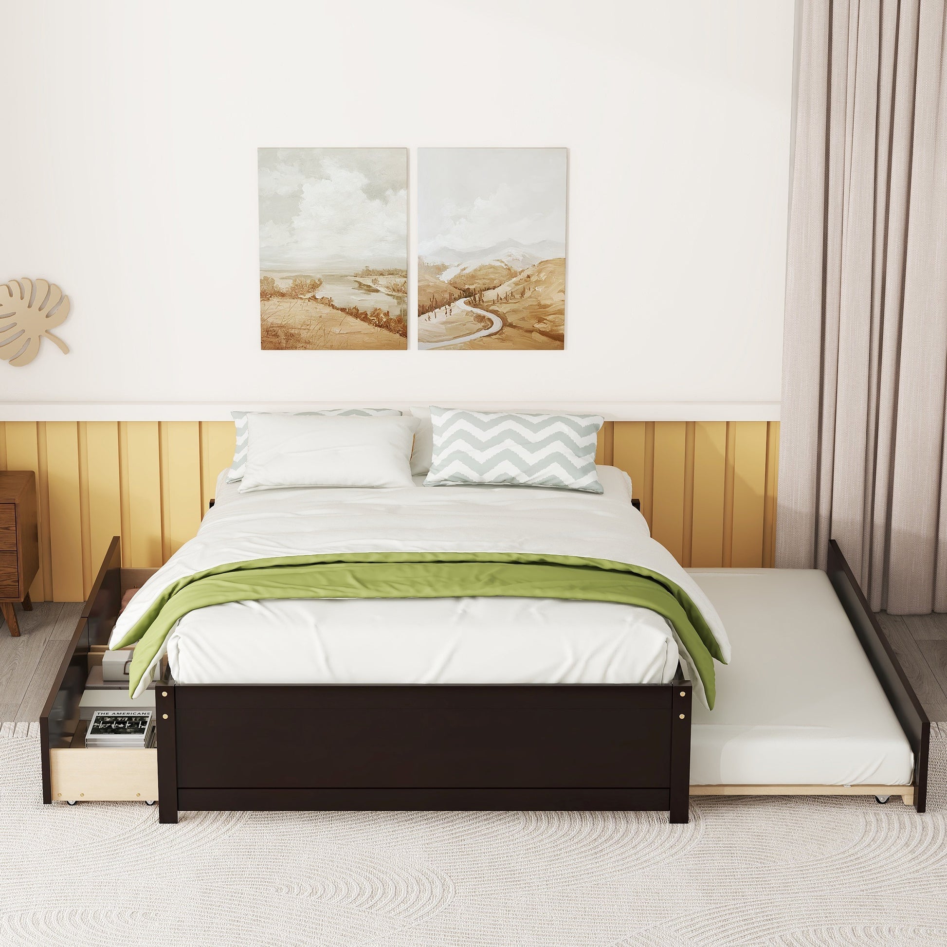Dark brown wooden daybed with pullout trundle and storage drawer