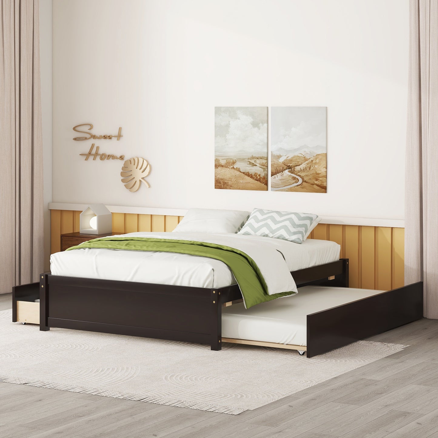 Dark brown wooden daybed with pullout trundle and storage drawer