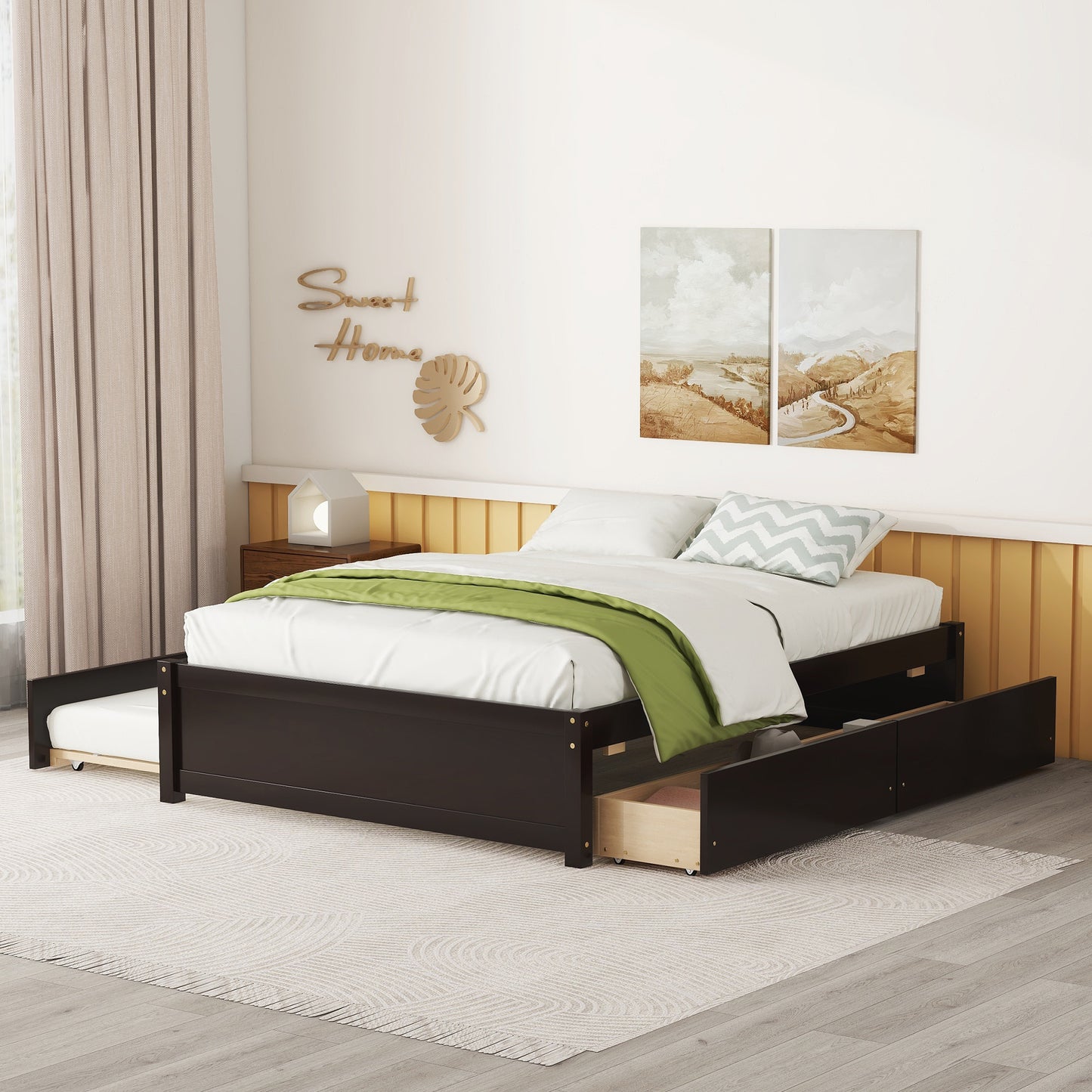 Dark brown wooden daybed with pullout trundle and three drawers for storage
