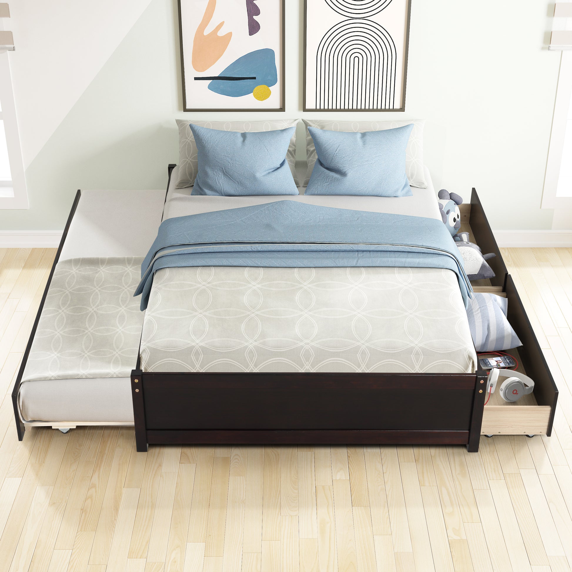 Dark wood twin size bed with pull out trundle and storage drawers