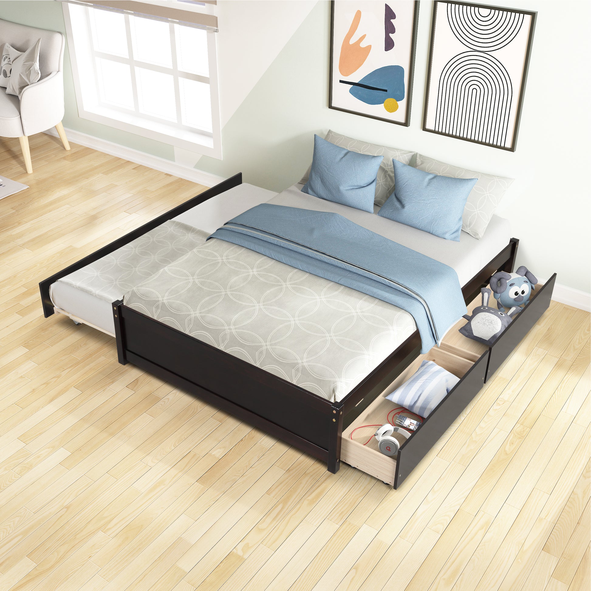 Dark wood twin daybed with pullout trundle and builtin drawers for storage