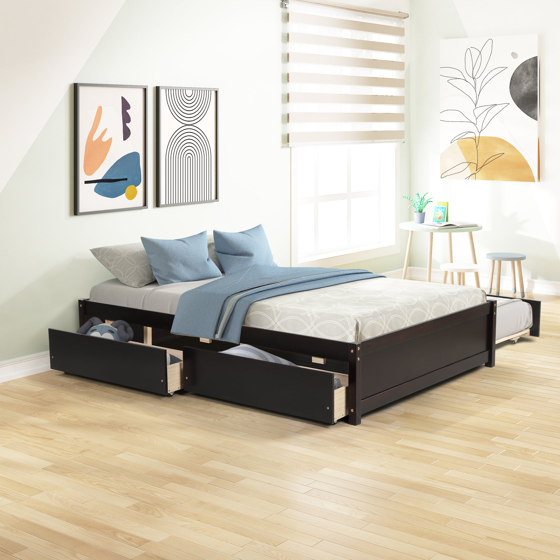 Dark wood daybed with three pullout drawers