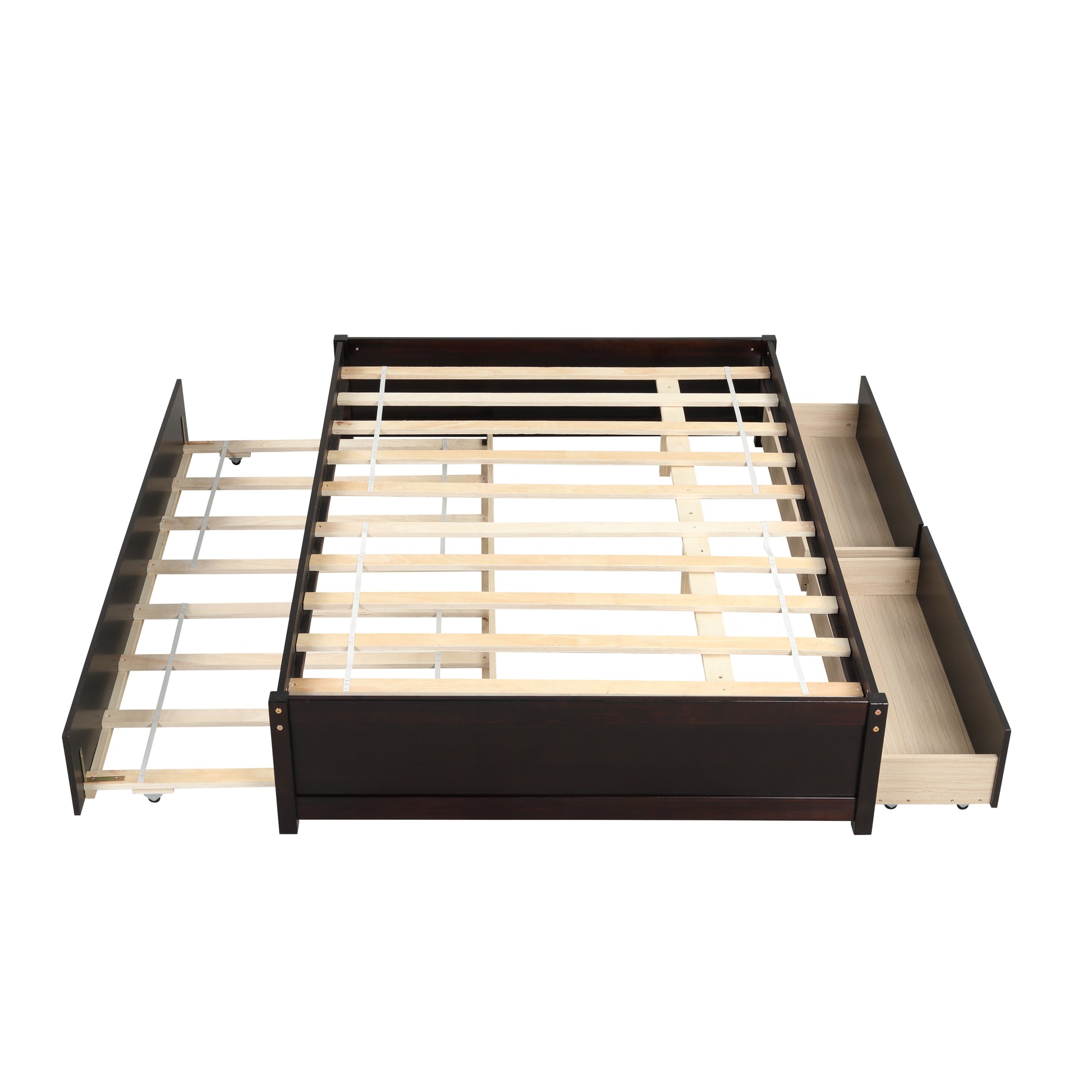 Dark brown platform bed frame with three open storage drawers and an extended trundle bed