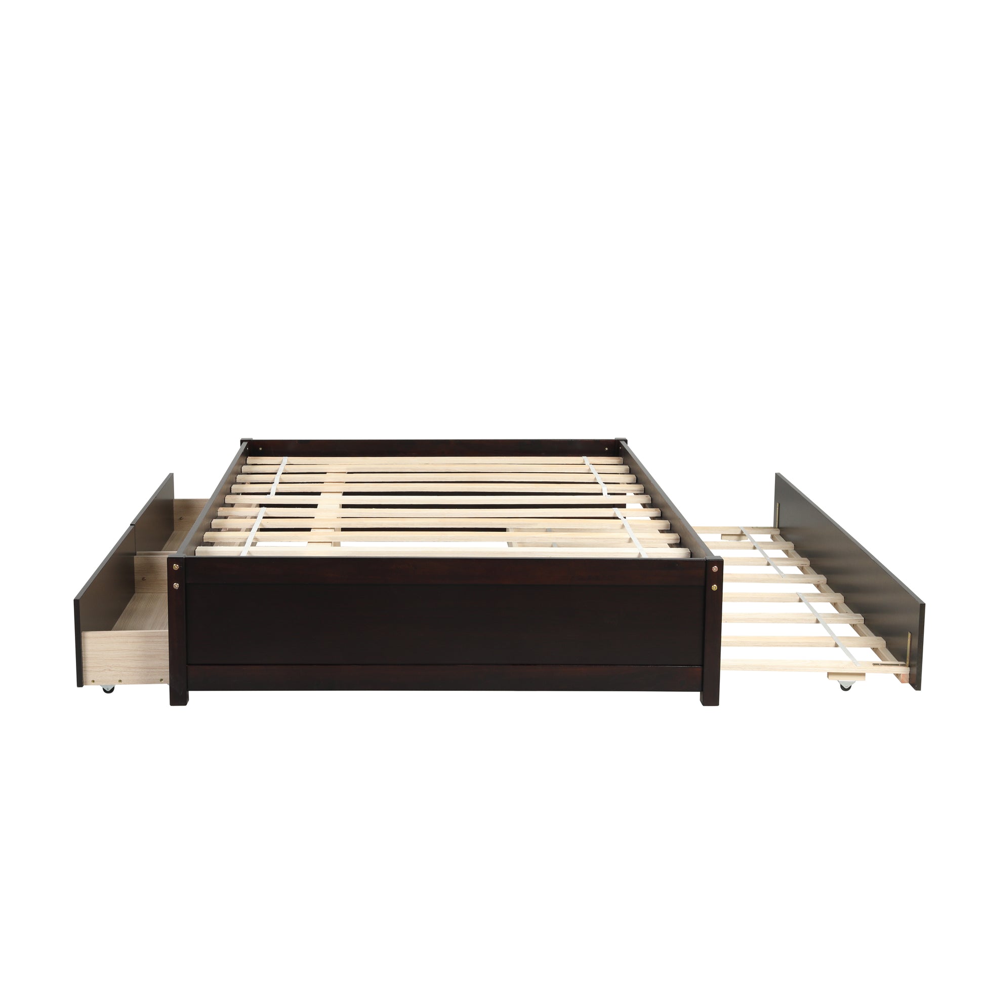 Dark brown wooden platform bed frame with two storage drawers extended