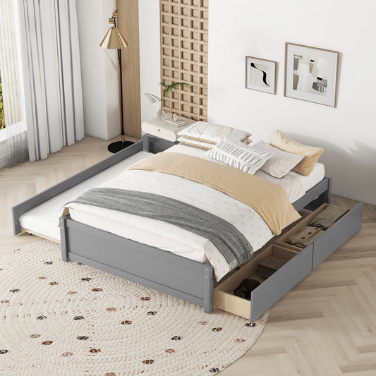 TREATLIFE HOME Full Bed with Twin Size Trundle and Two Drawers, Space-Saving Grey Design, Sturdy Solid Wood Frame