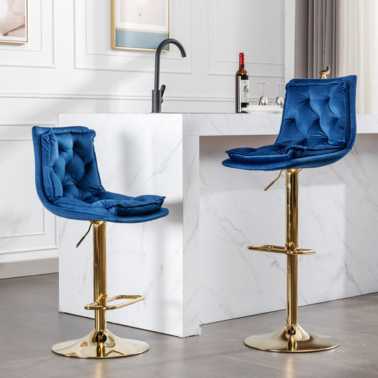 Tufted navy velvet bar stool with adjustable gold base