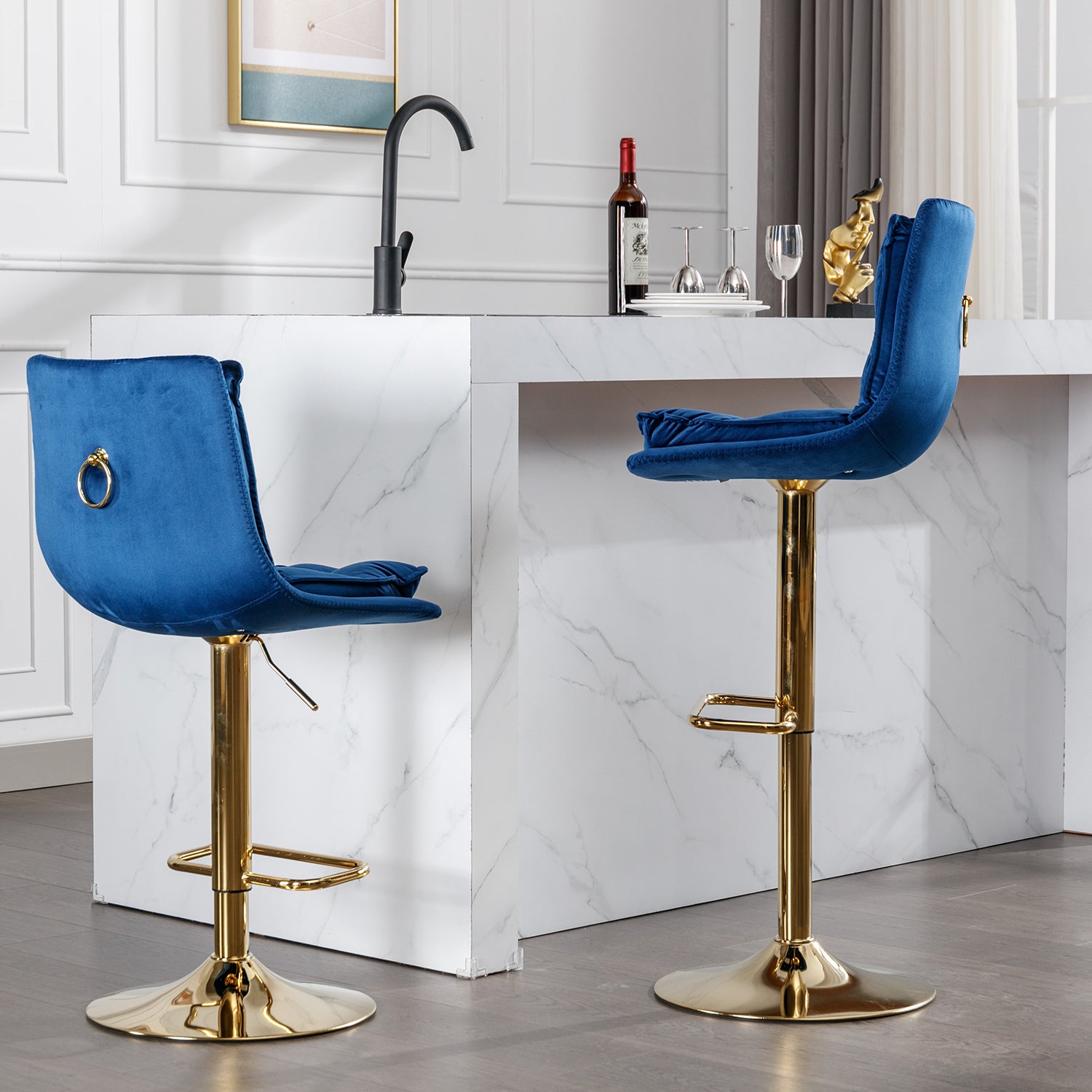 Blue velvet bar stool with gold base and ring accent