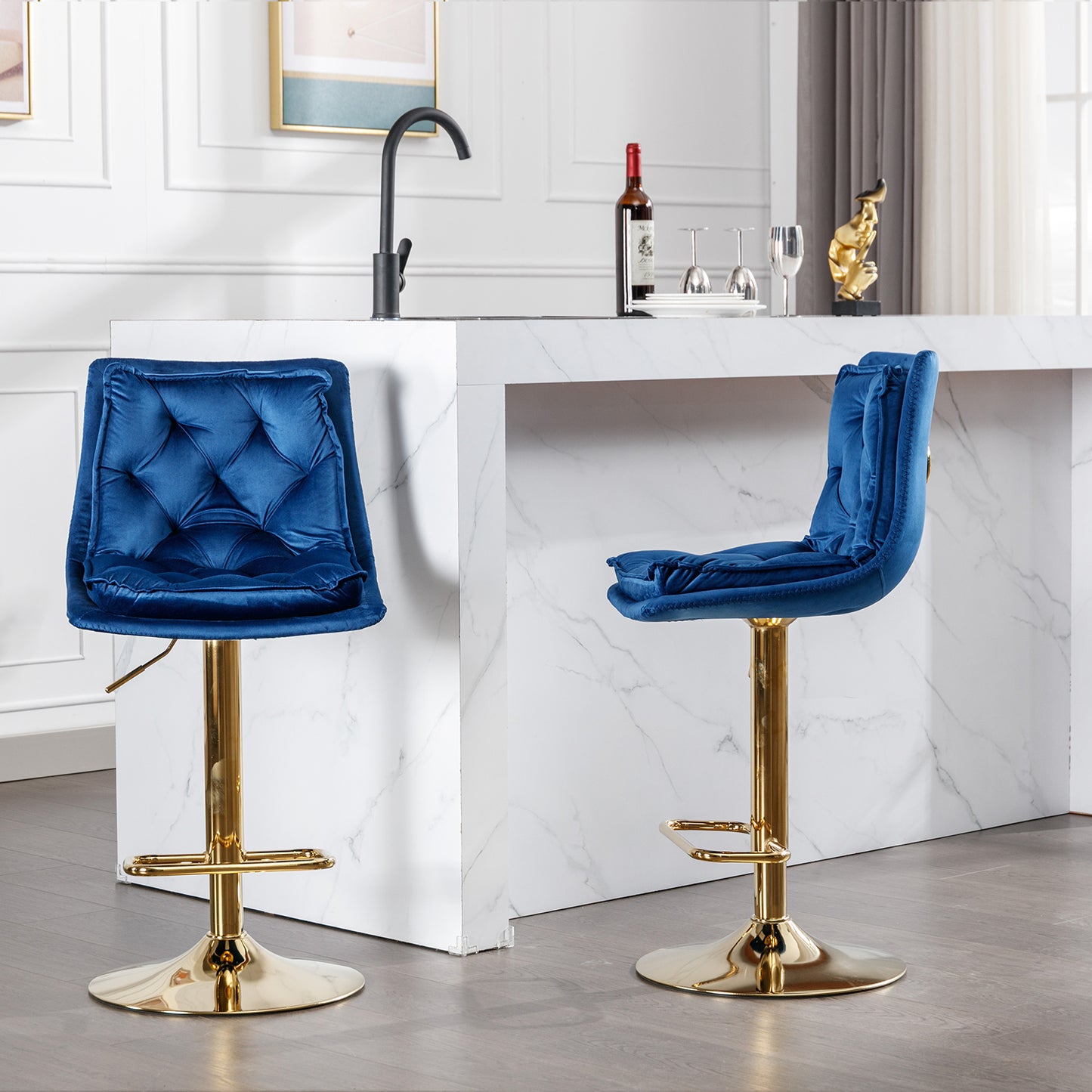 Tufted navy blue velvet bar stool with gold adjustable base