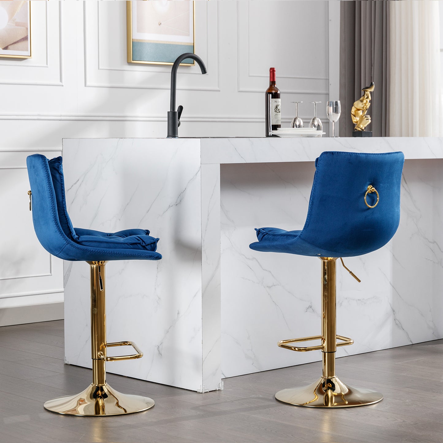Adjustable royal blue velvet bar stool with gold base and ring detail
