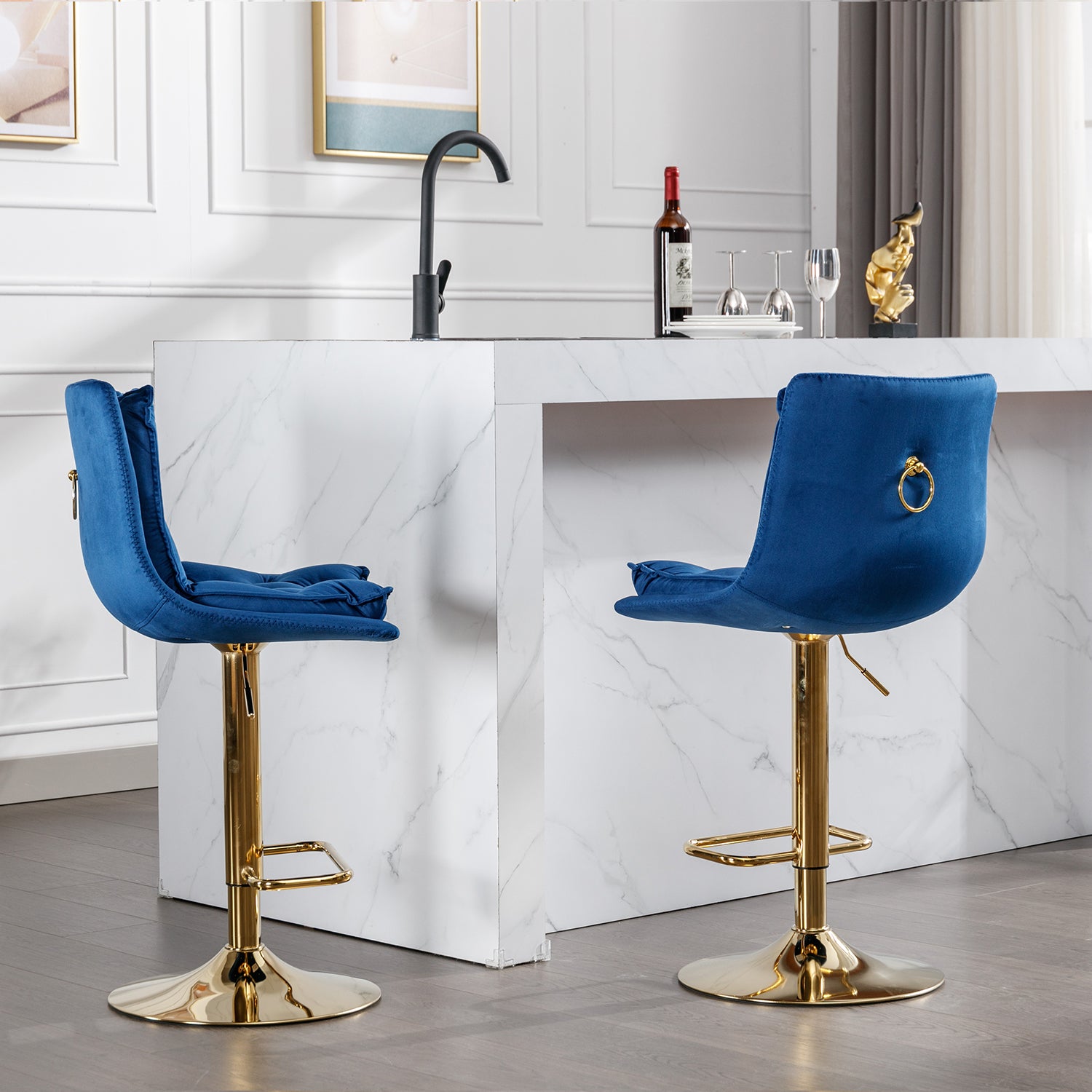 Adjustable royal blue velvet bar stool with gold base and ring detail
