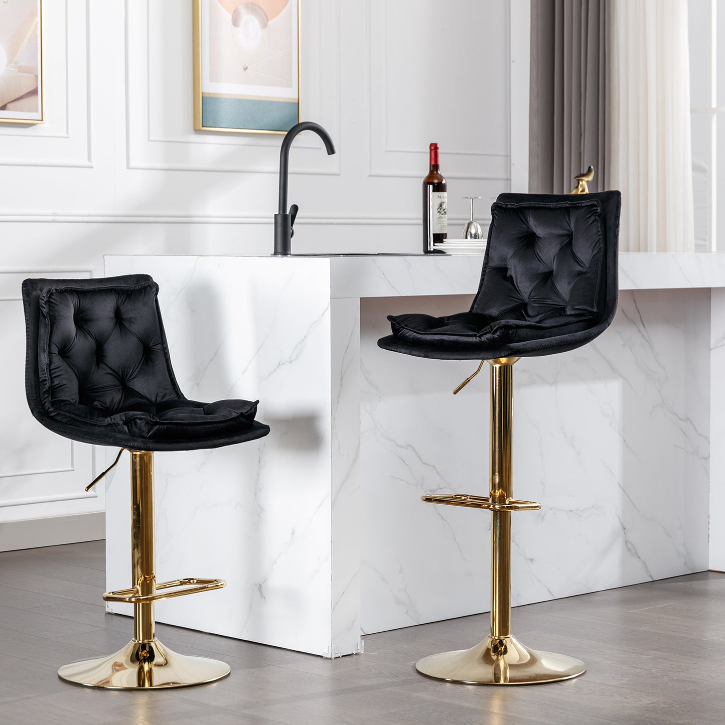 Black velvet tufted bar stool with gold base