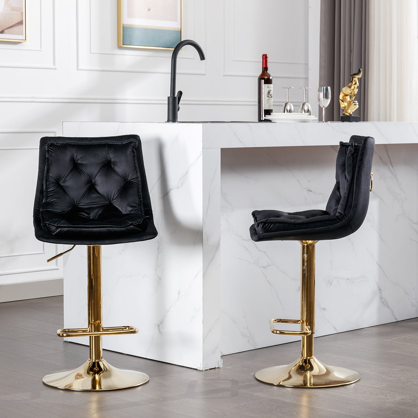 Black velvet tufted bar stool with gold adjustable base