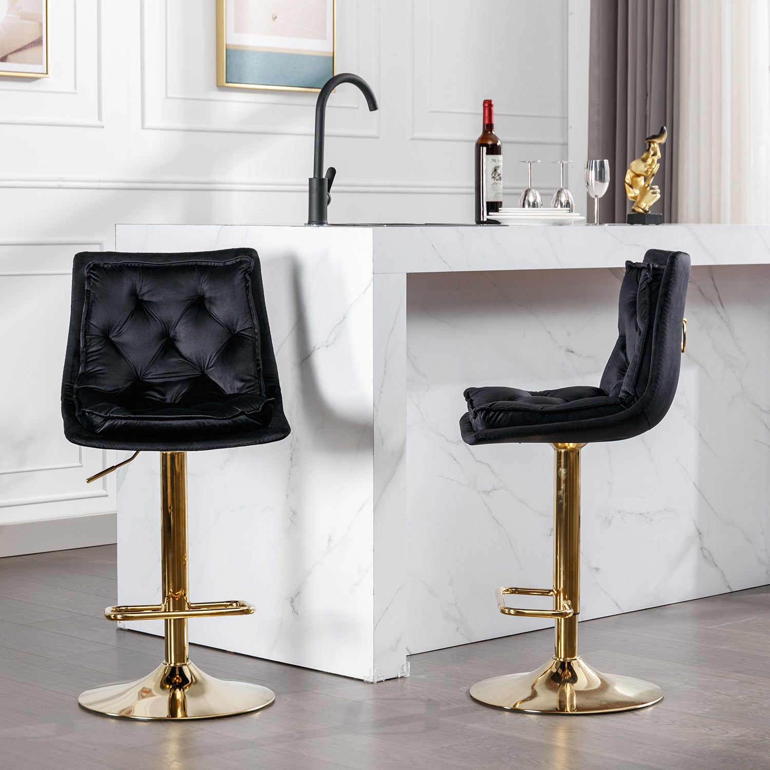 Black velvet tufted bar stool with gold adjustable base