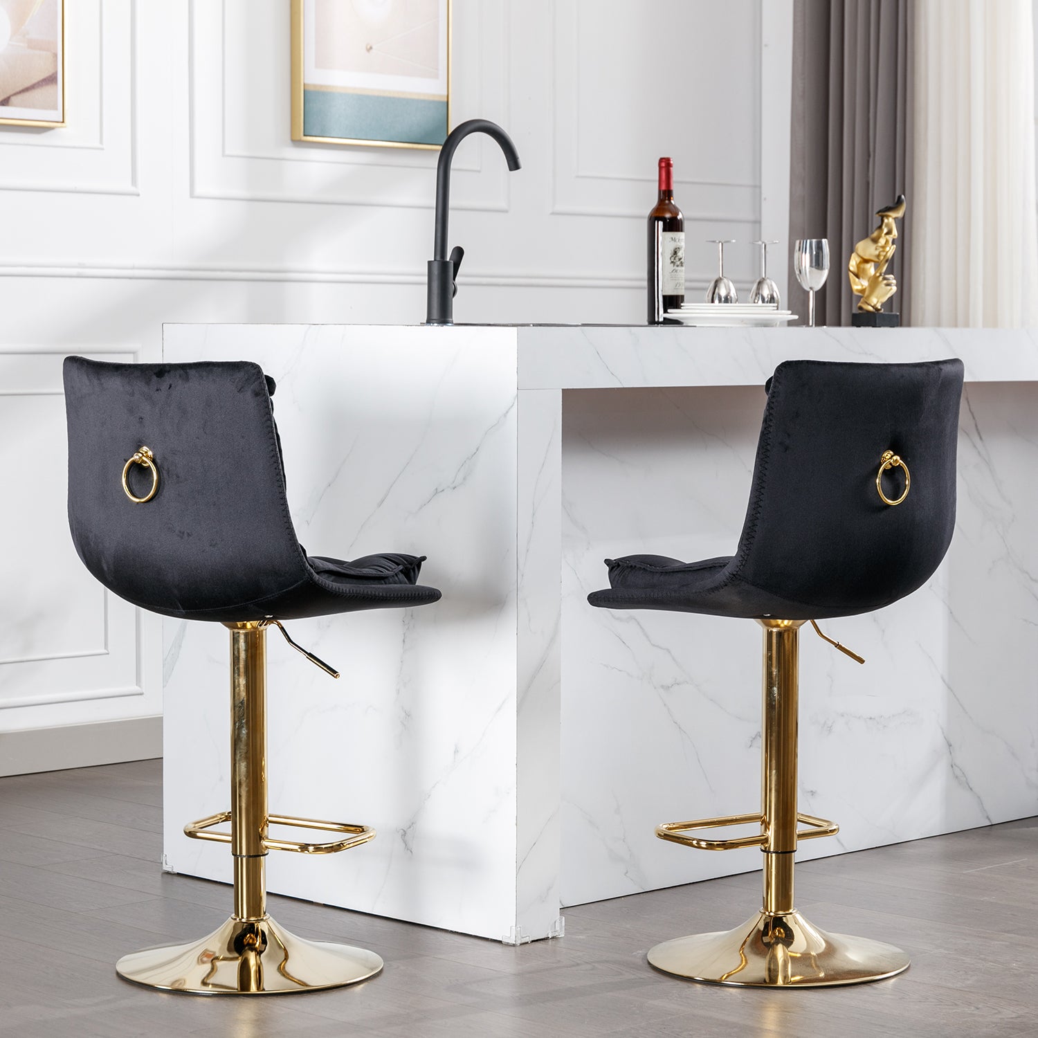 Black velvet bar stool with gold ring back and adjustable height