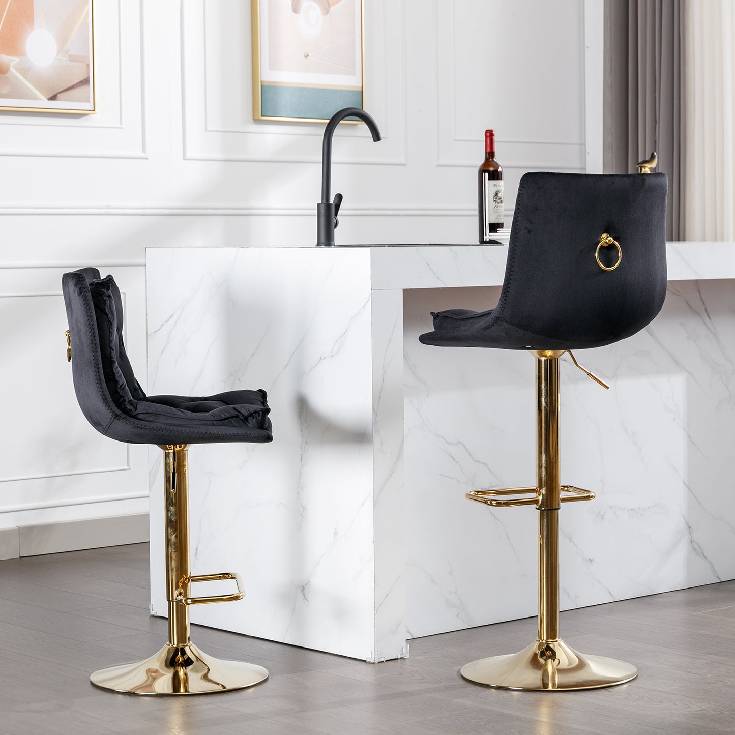 Black velvet bar stool with gold adjustable base and gold ring detail