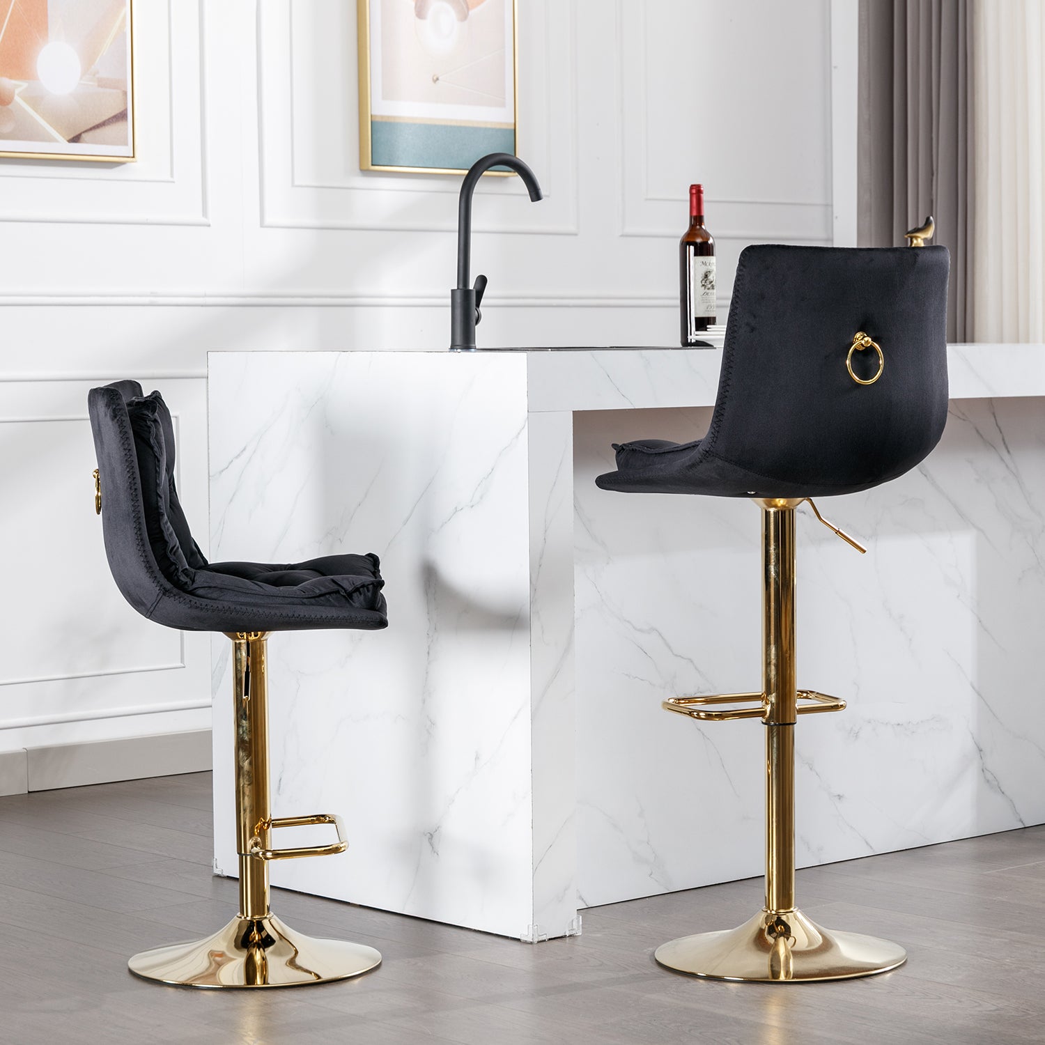Black velvet bar stool with gold adjustable base and gold ring detail