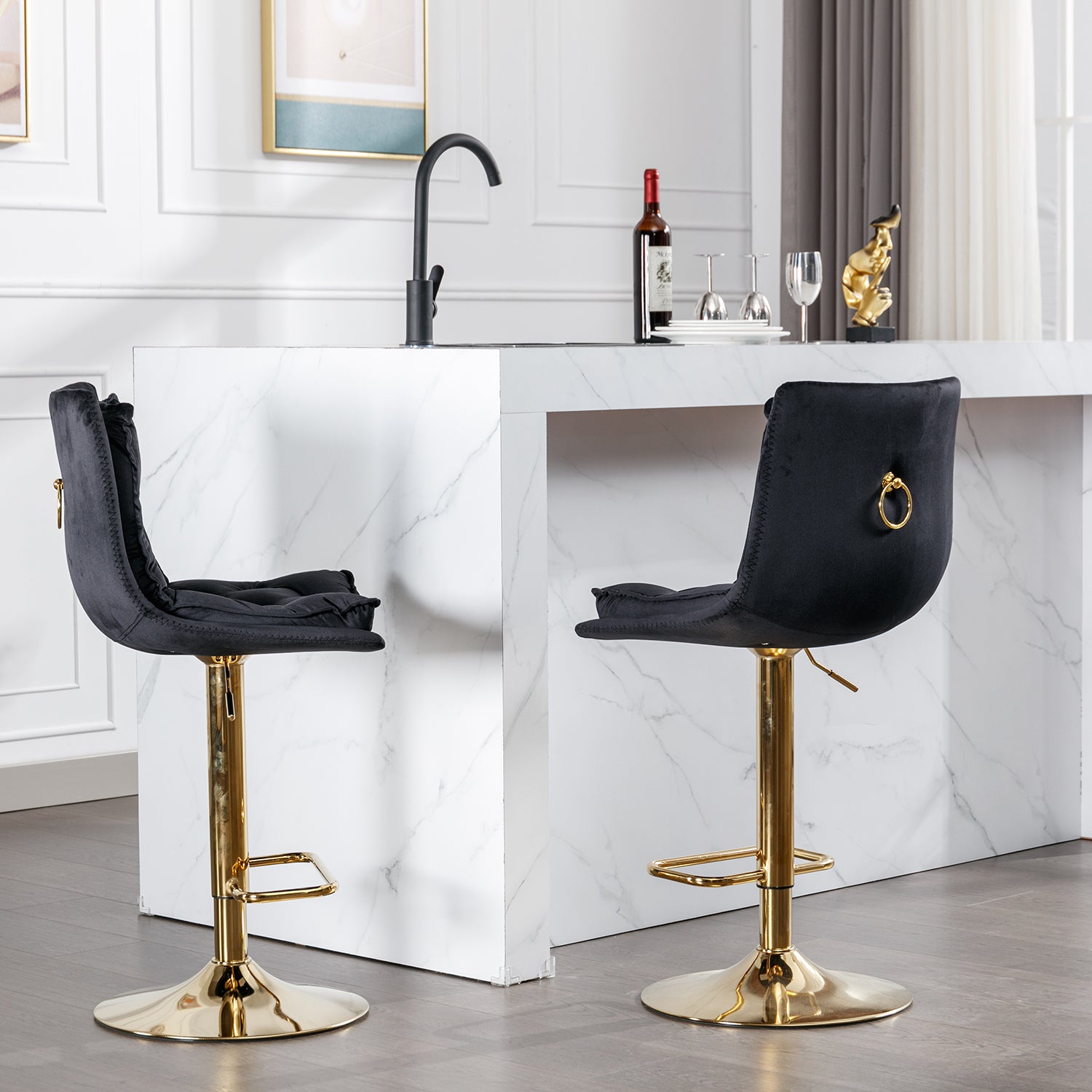 Black velvet bar stool with gold base and gold ring accent
