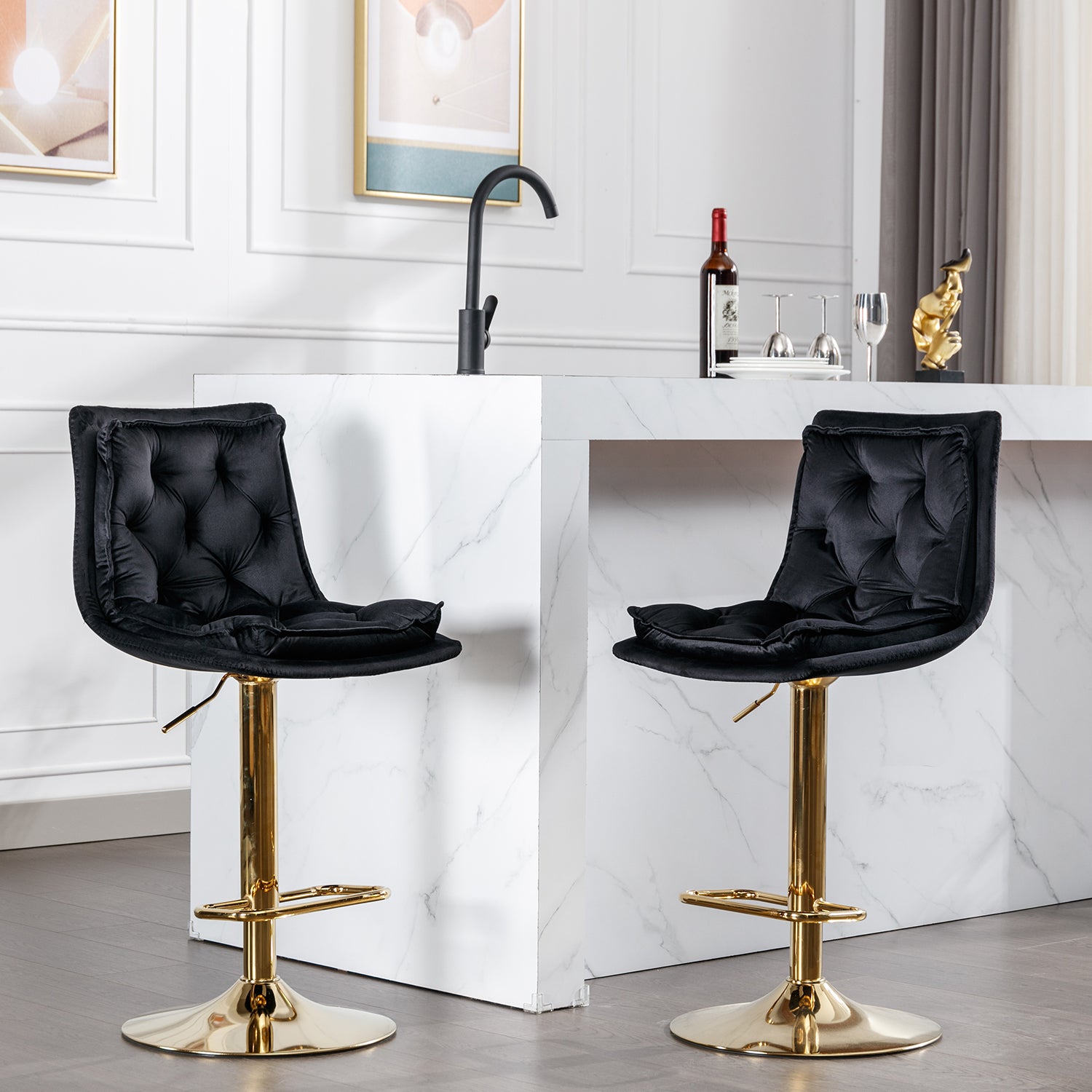 Black velvet bar stool with gold adjustable base and tufted seat