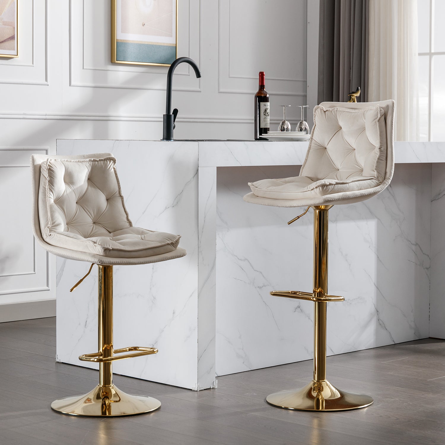 Cream velvet tufted bar stool with gold base