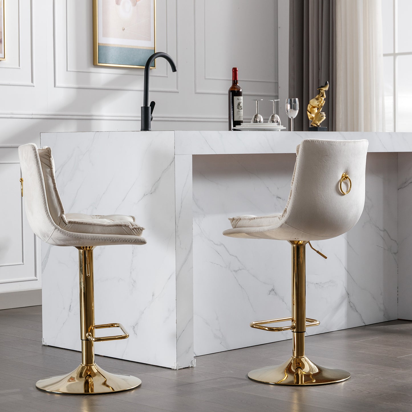 Cream velvet bar stool with gold ring detail