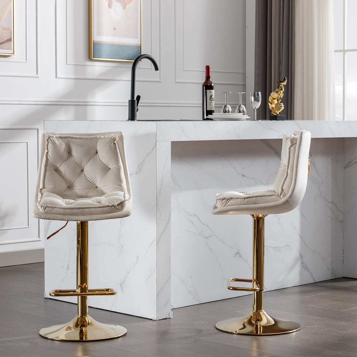 Tufted cream velvet bar stool with gold base