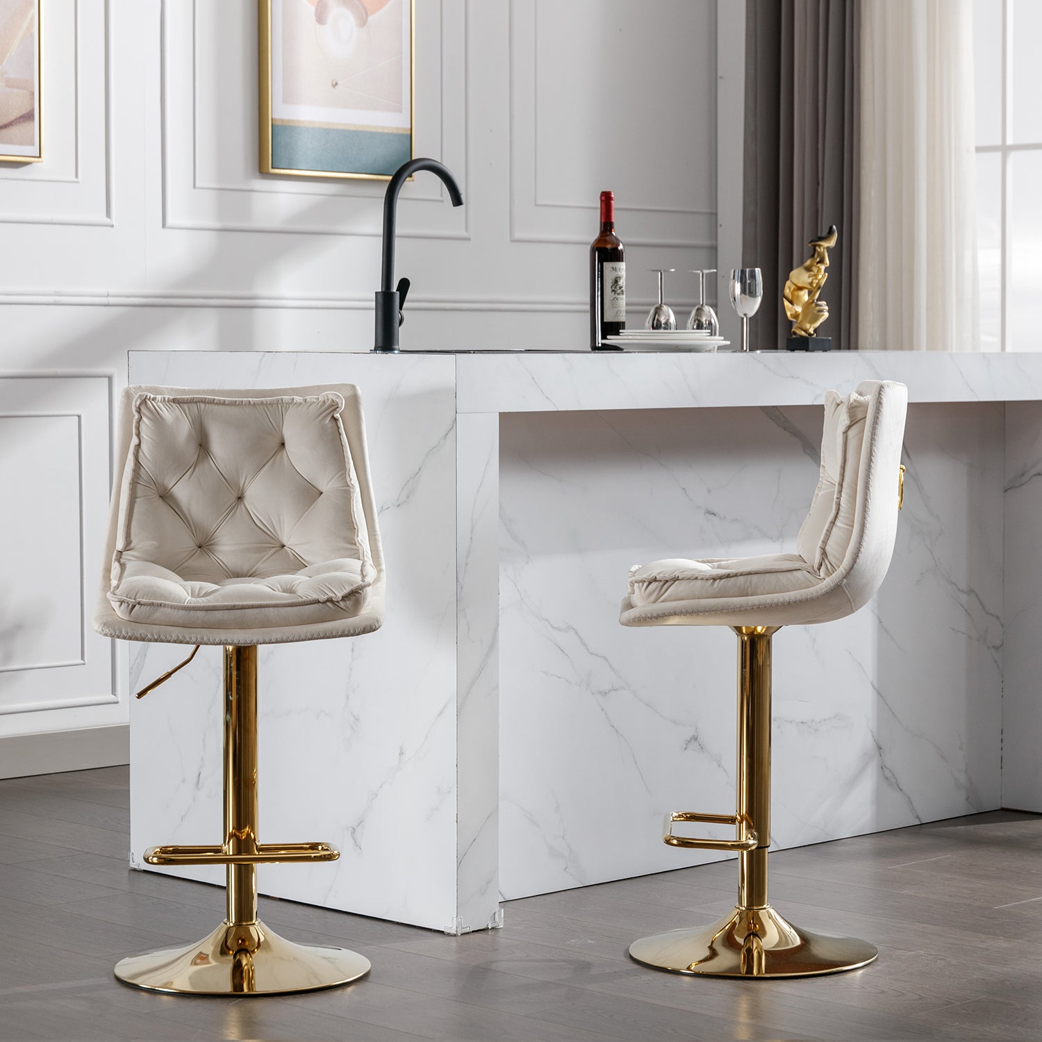 Tufted cream velvet bar stool with gold base