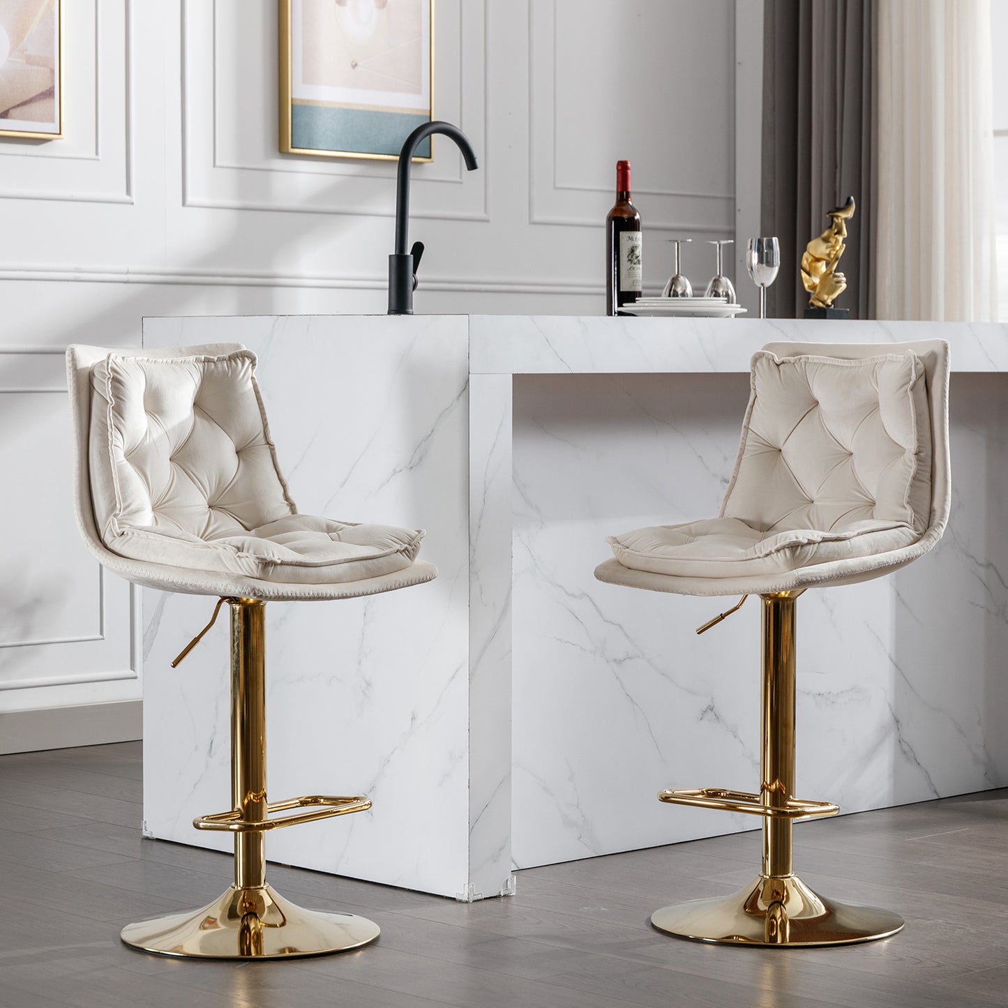Cream velvet tufted bar stool with adjustable gold base