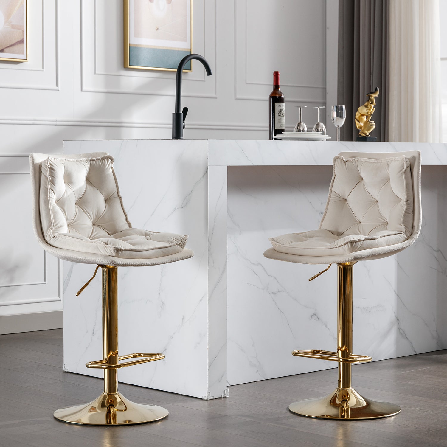 Cream velvet tufted bar stool with adjustable gold base