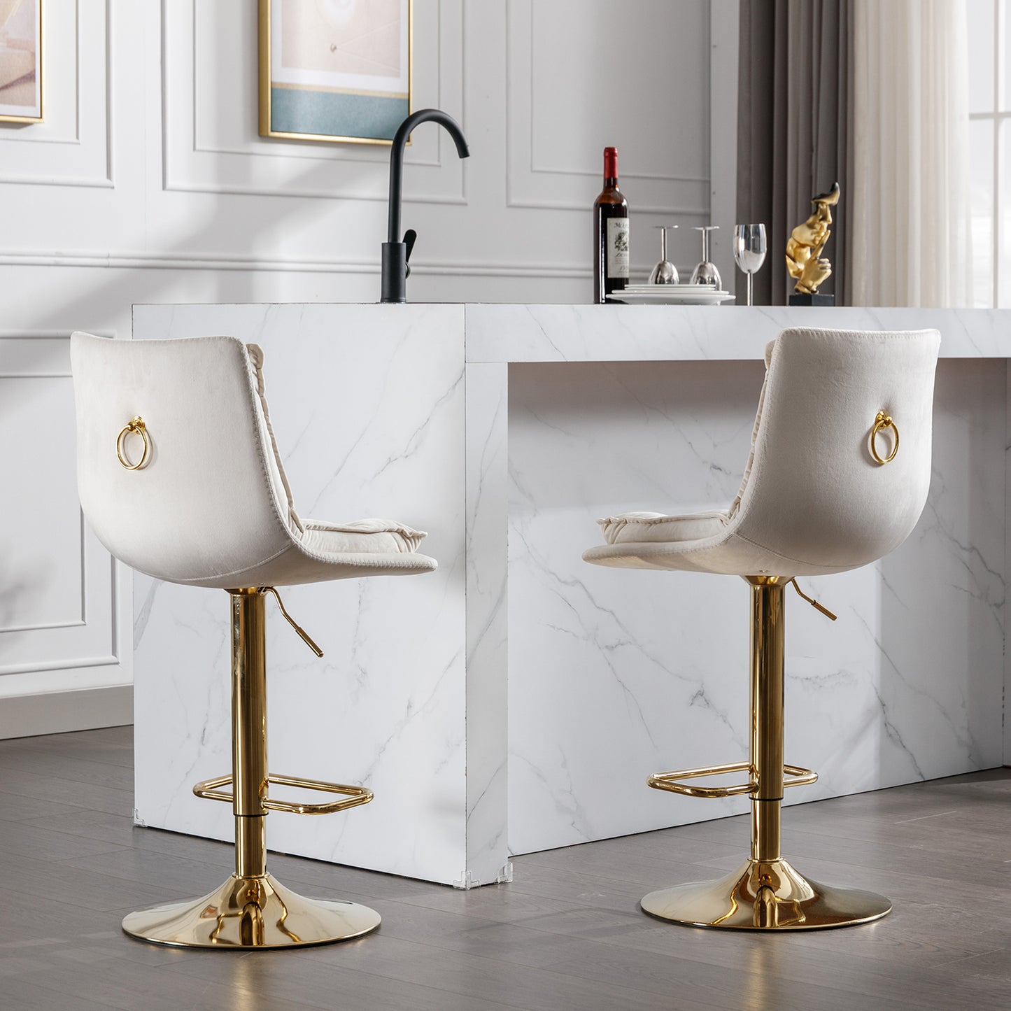 Cream velvet bar stool with gold ring detail and polished gold base
