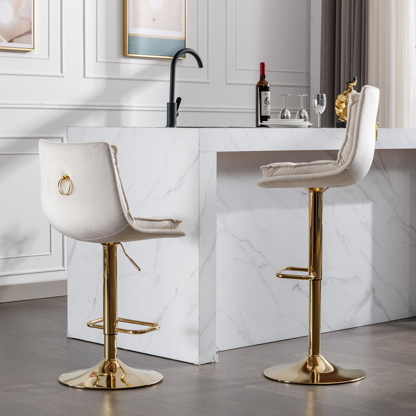Cream velvet bar stool with gold base and ring accent