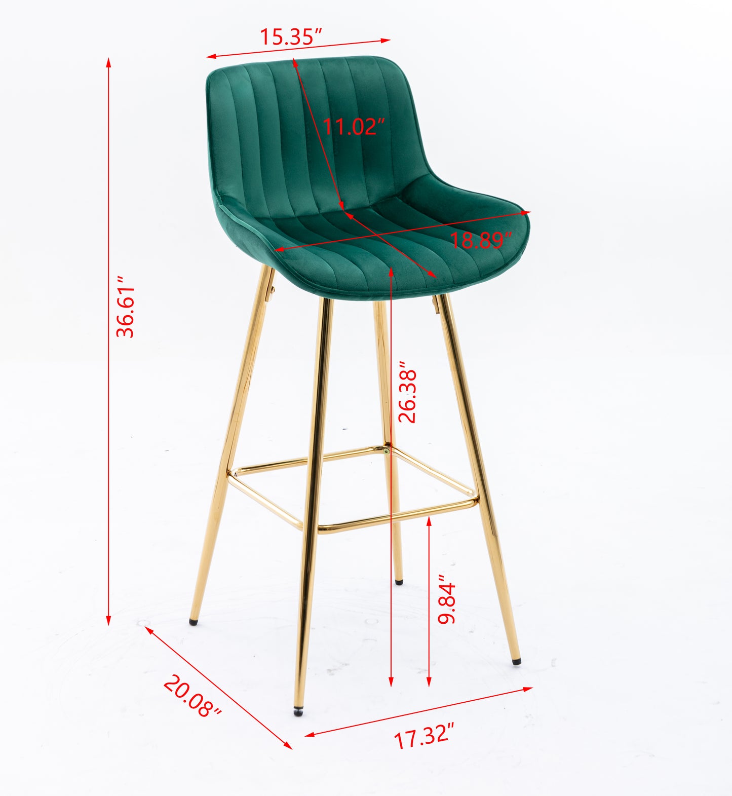 Emerald green velvet bar stool with gold metal legs