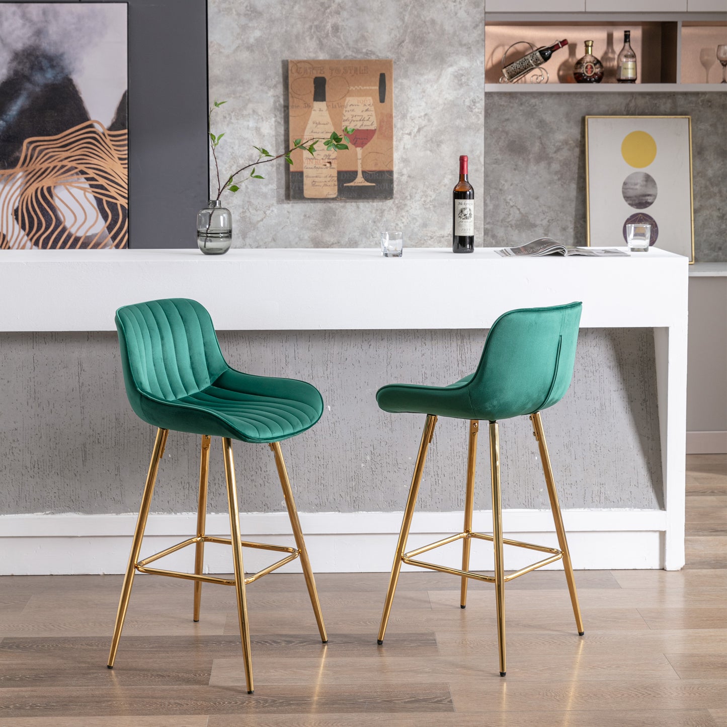 Emerald green velvet bar stool with channel tufting and gold legs