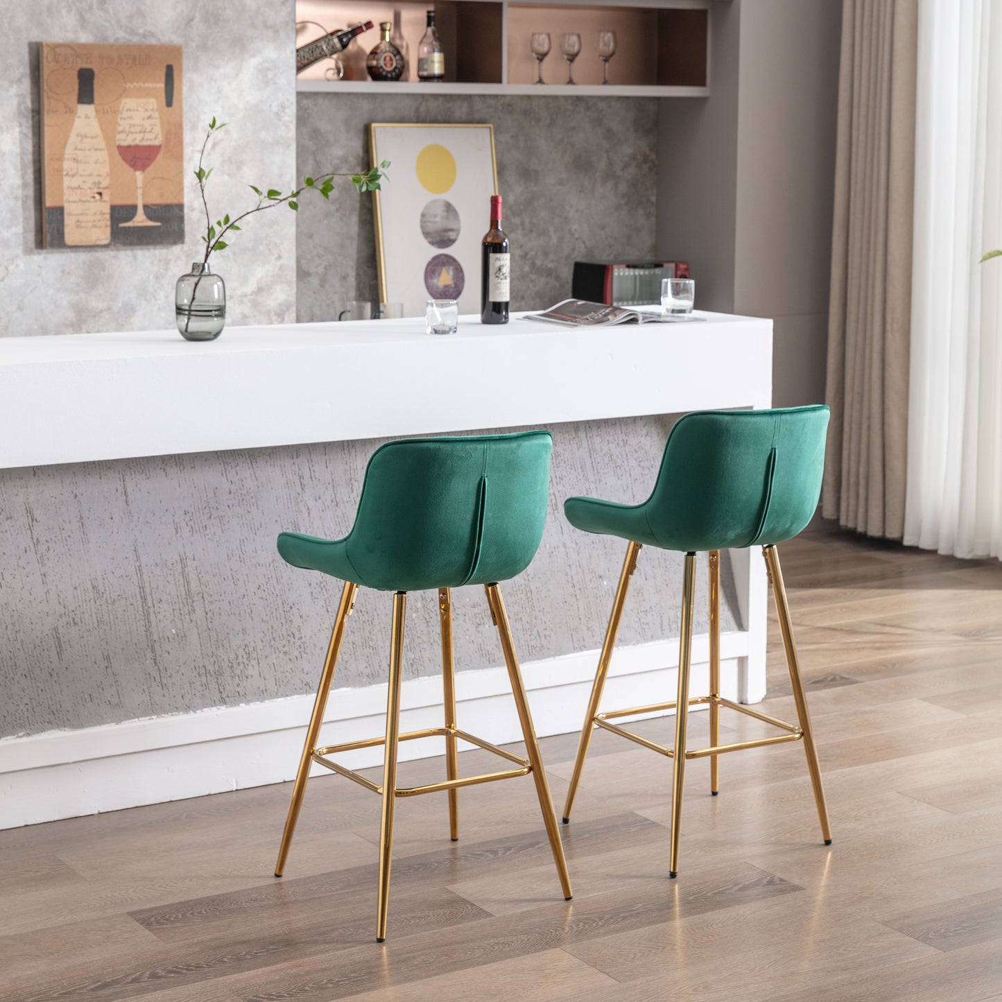 Emerald green velvet bar stools with gold metal legs elegant contemporary design