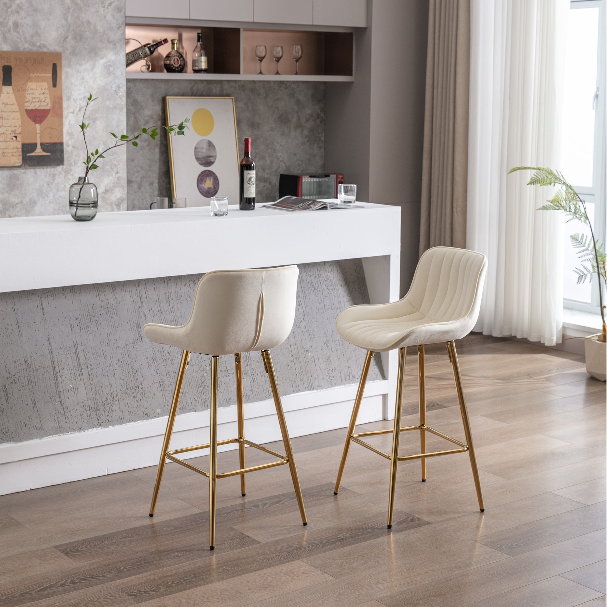 Cream velvet tufted bar stool with gold metal legs elegant modern design for kitchen island