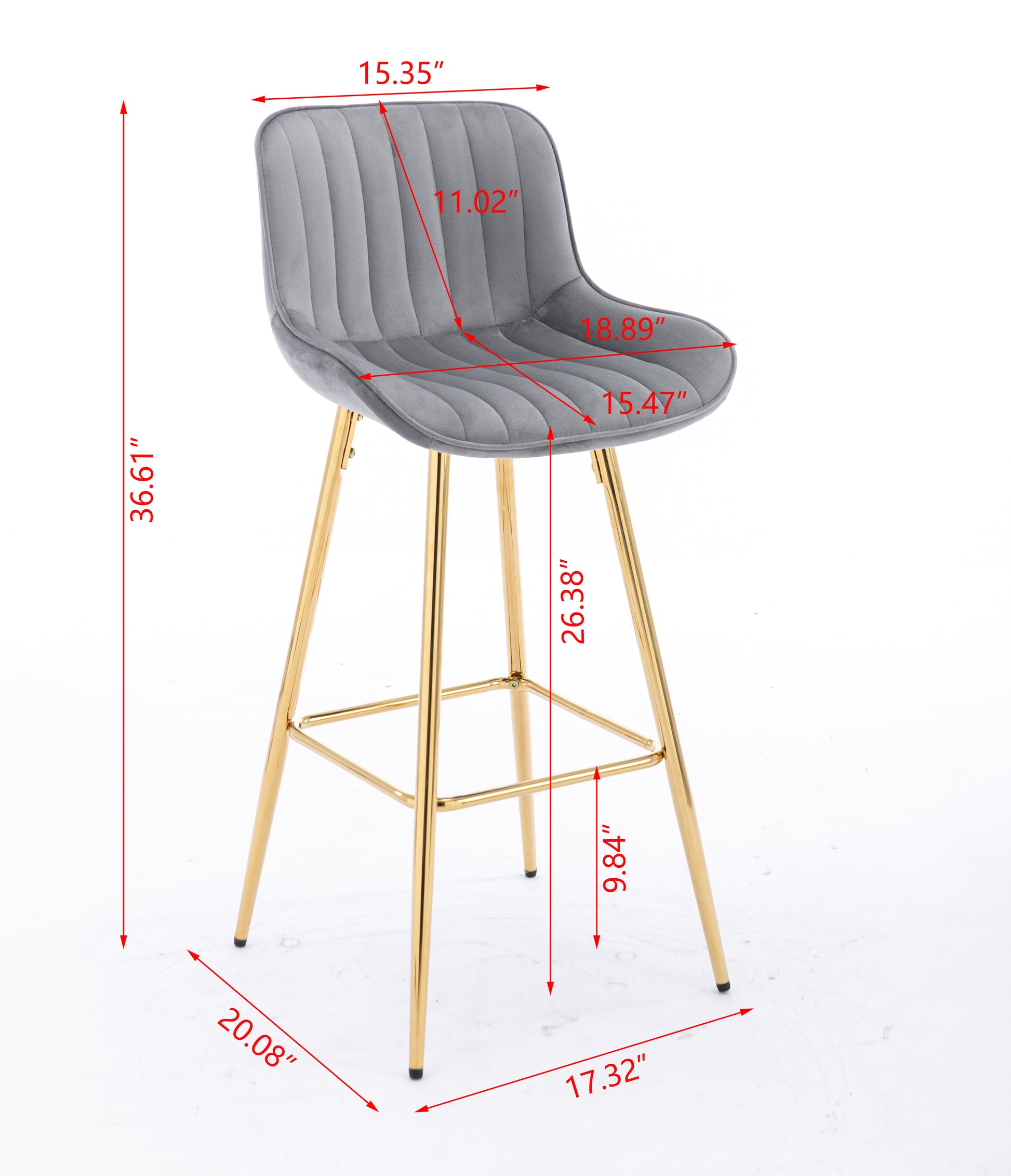 Grey velvet bar stool with gold metal legs and channel tufting