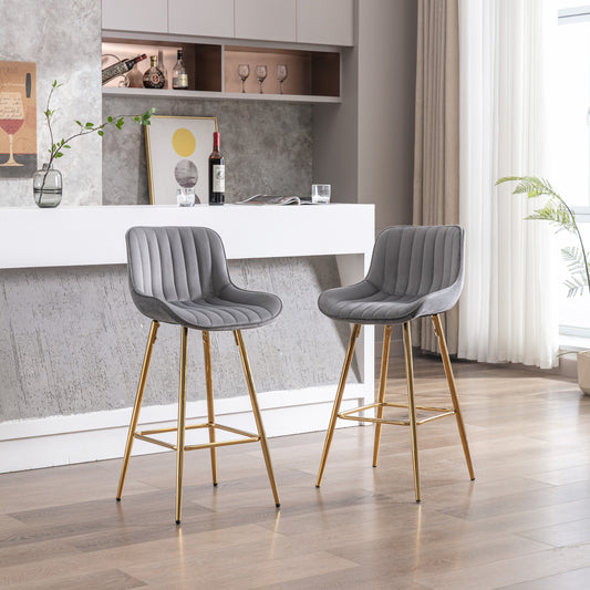 Grey velvet channel tufted bar stool with gold legs