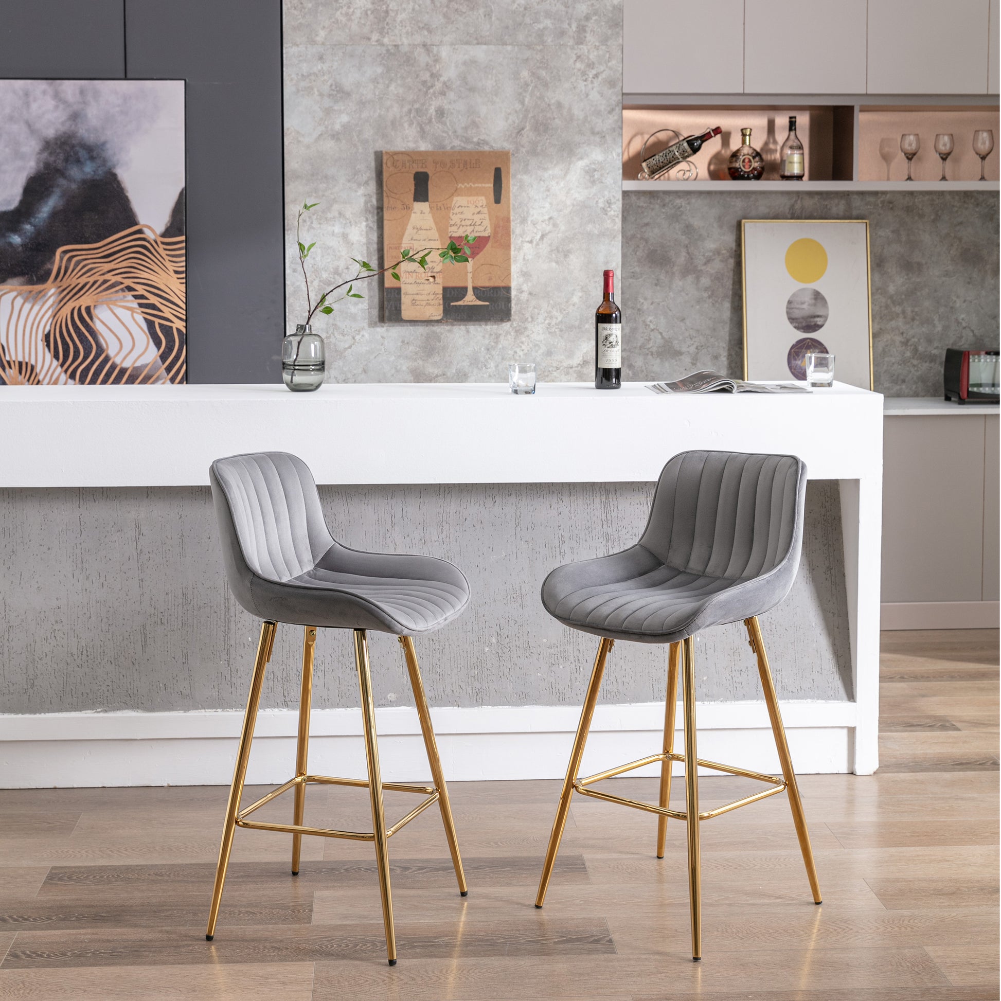Grey velvet bar stool with gold legs