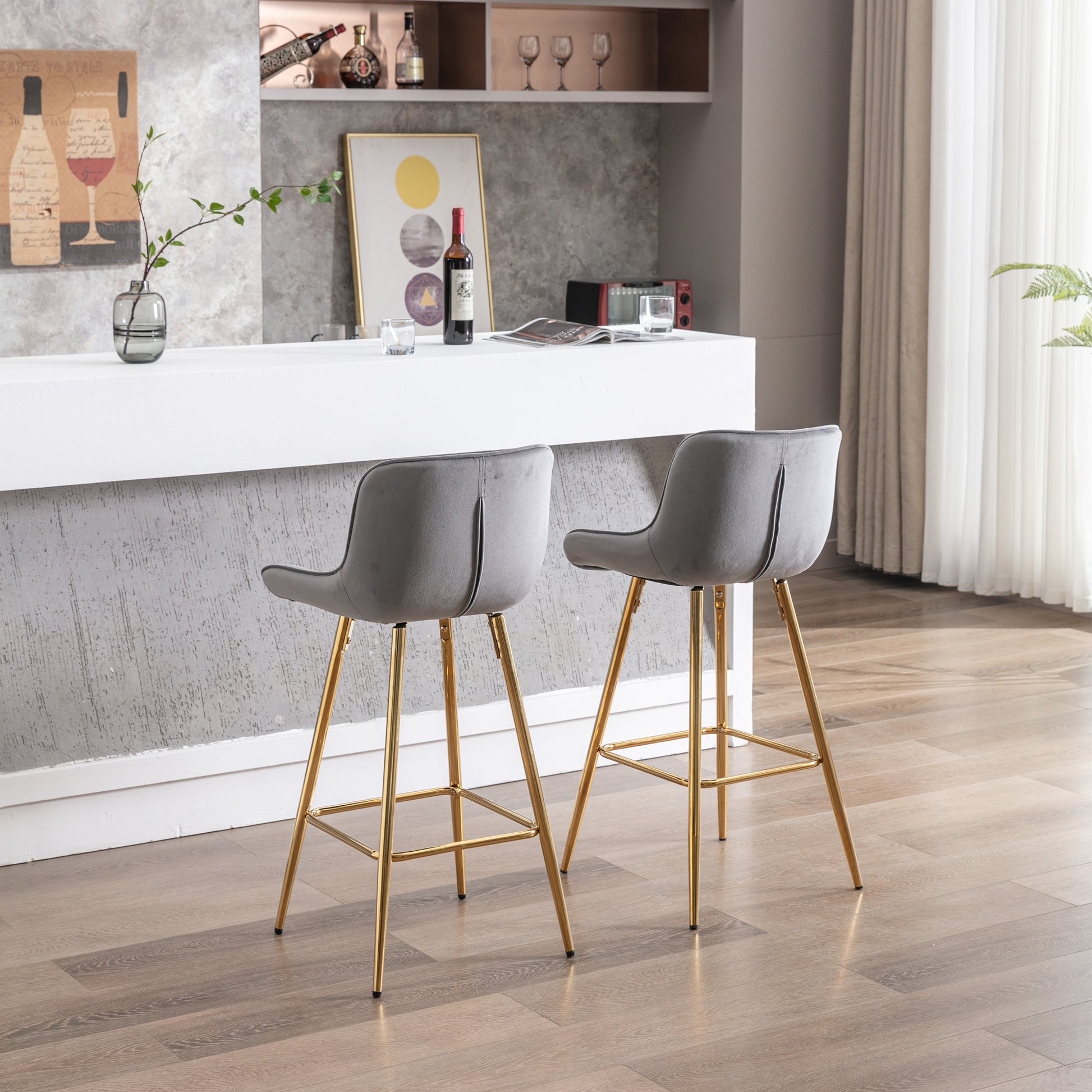 Grey velvet bar stool with gold legs