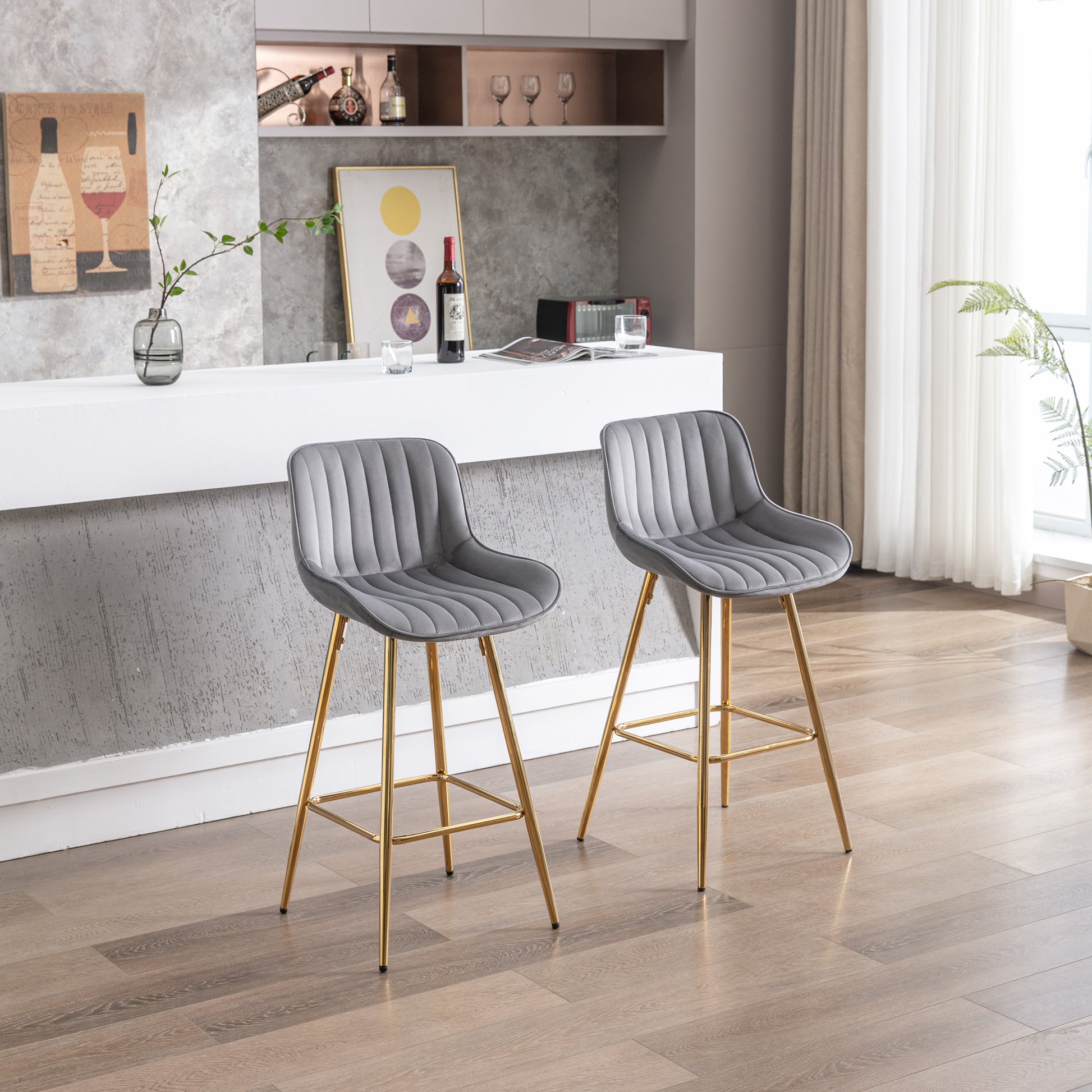 Grey velvet channel tufted bar stool with gold legs