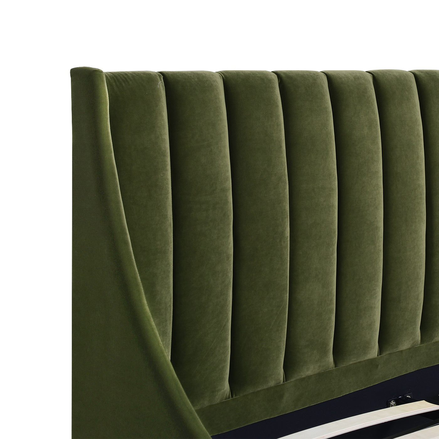 Green velvet channel tufted headboard for a modern bed