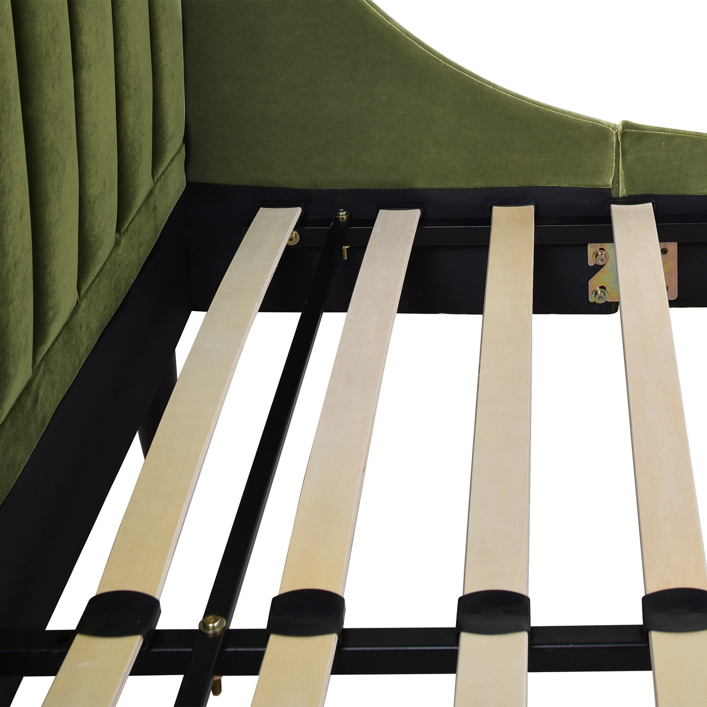 Green velvet channel tufted bed frame with wooden slats