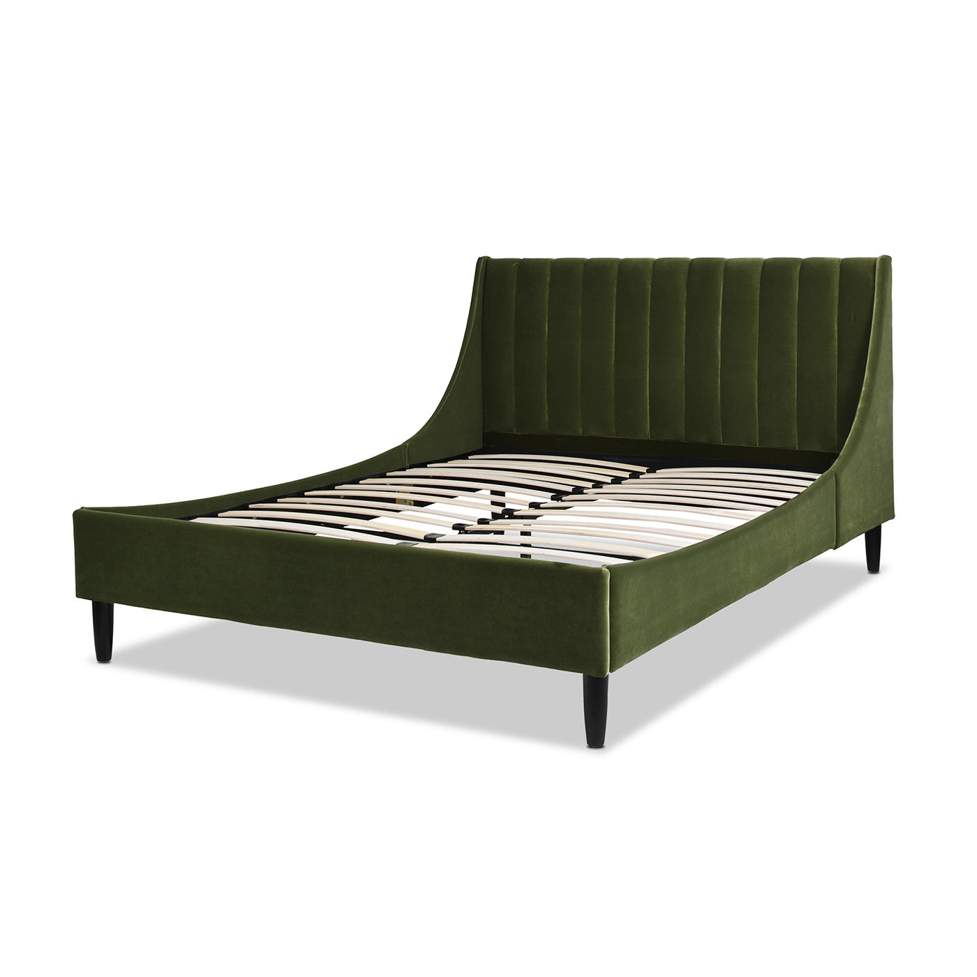 Emerald green velvet upholstered bed frame with channel tufting and slatted base modern design