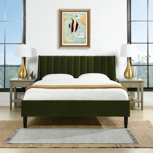 Green velvet platform bed with channel tufted headboard and bedside tables