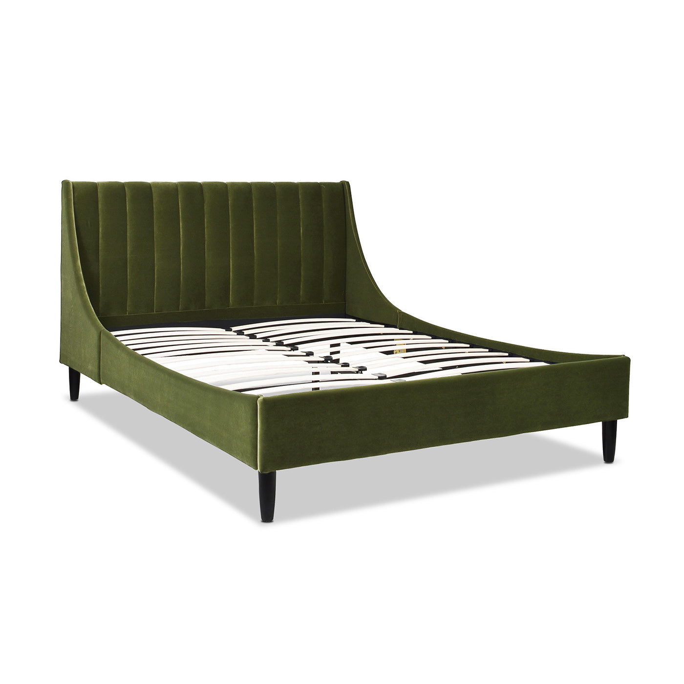 Elegant green velvet bed frame with channeltufted headboard and black tapered legs