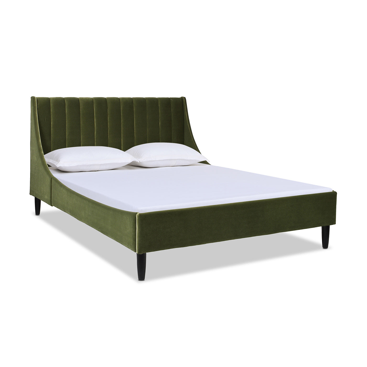 Velvet upholstered bed frame in olive green with vertical channel tufting on headboard