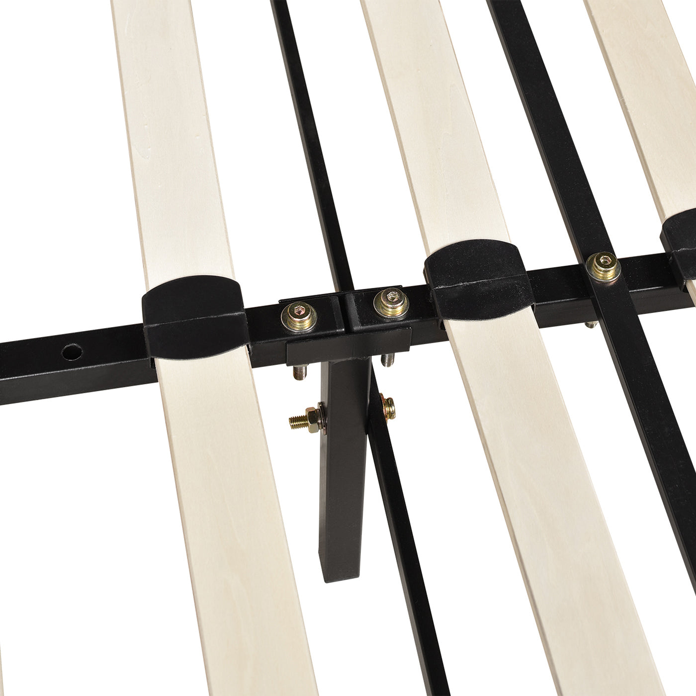 Closeup of wooden bed slats with black metal frame and bolts