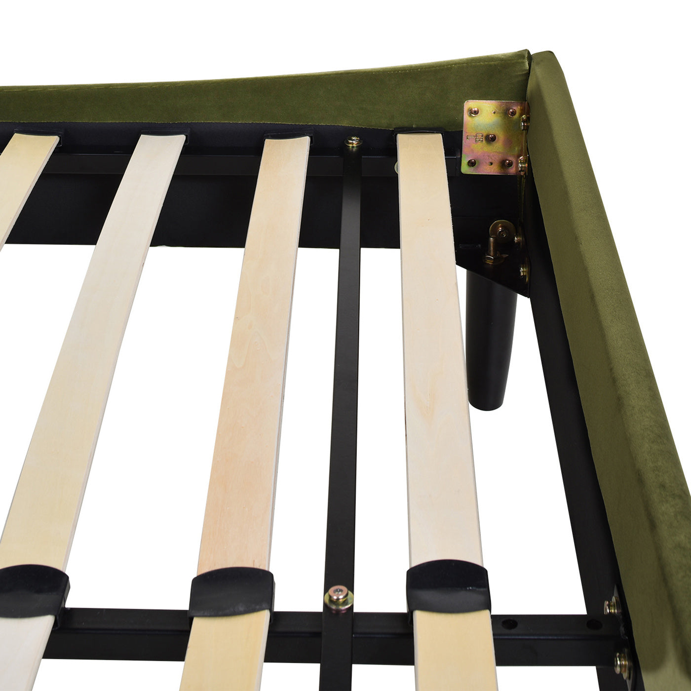 Green velvet bed frame with sturdy wooden slats for mattress support