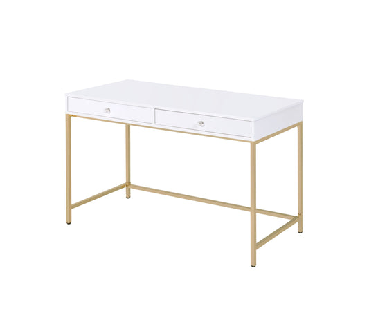 White minimalist desk with gold legs and two crystal drawer knobs