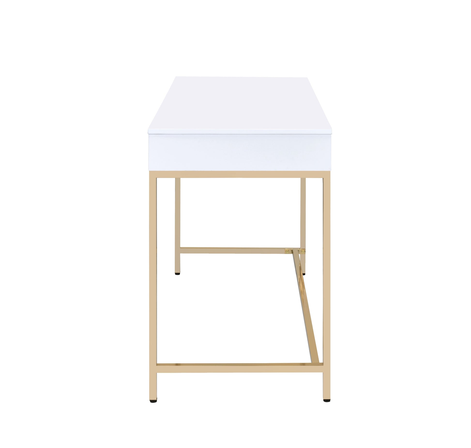 White modern desk with gold metal frame and single drawer