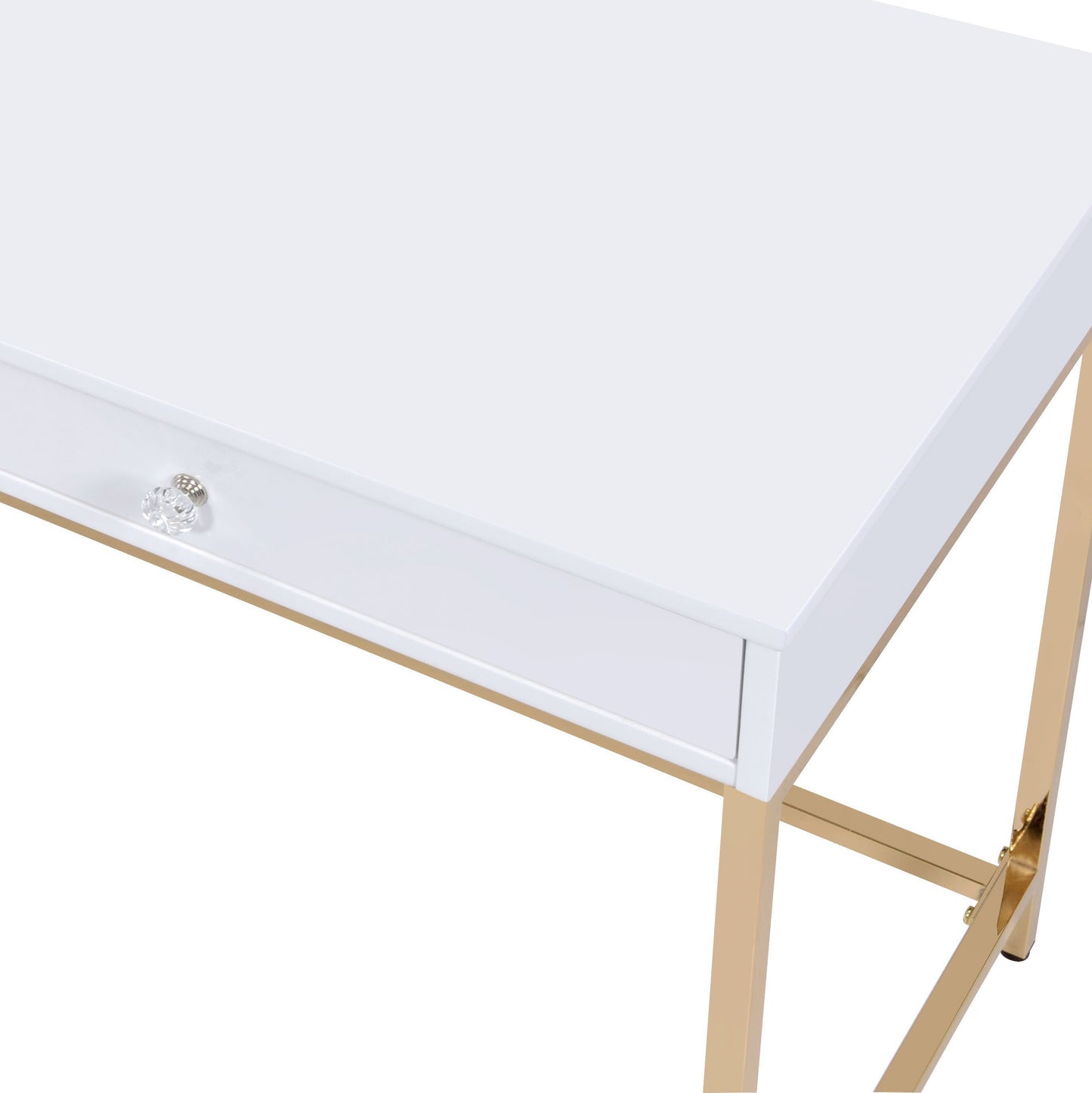 White vanity desk with gold metal legs and crystal drawer knob